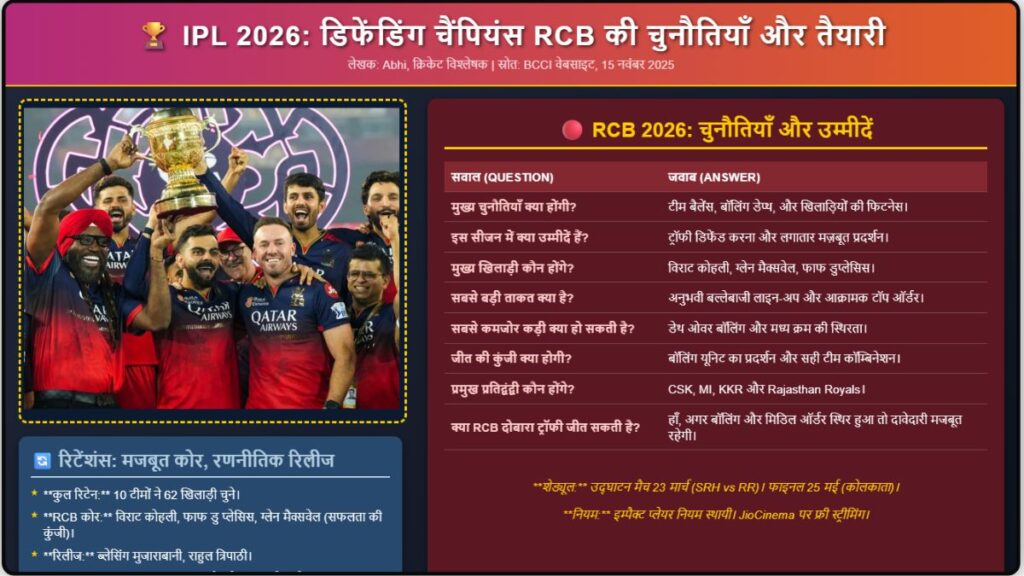IPL 2026 डिफेंडिंग चैंपियंस RCB की चुनौतियाँ और उम्मीदें IPL 2026 डिफेंडिंग चैंपियंस RCB की चुनौतियाँ और उम्मीदें