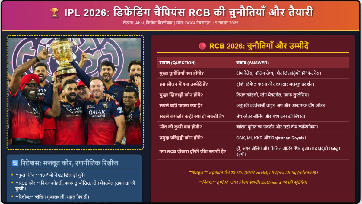 IPL 2026 डिफेंडिंग चैंपियंस RCB की चुनौतियाँ और उम्मीदें