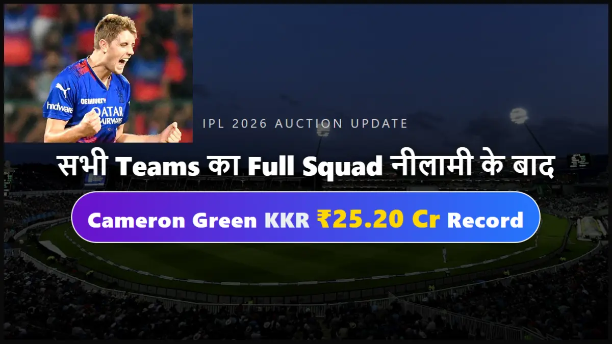 आईपीएल 2026 सभी Teams का Full Squad नीलामी के बाद: Cameron Green KKR ₹25.20 Cr Record