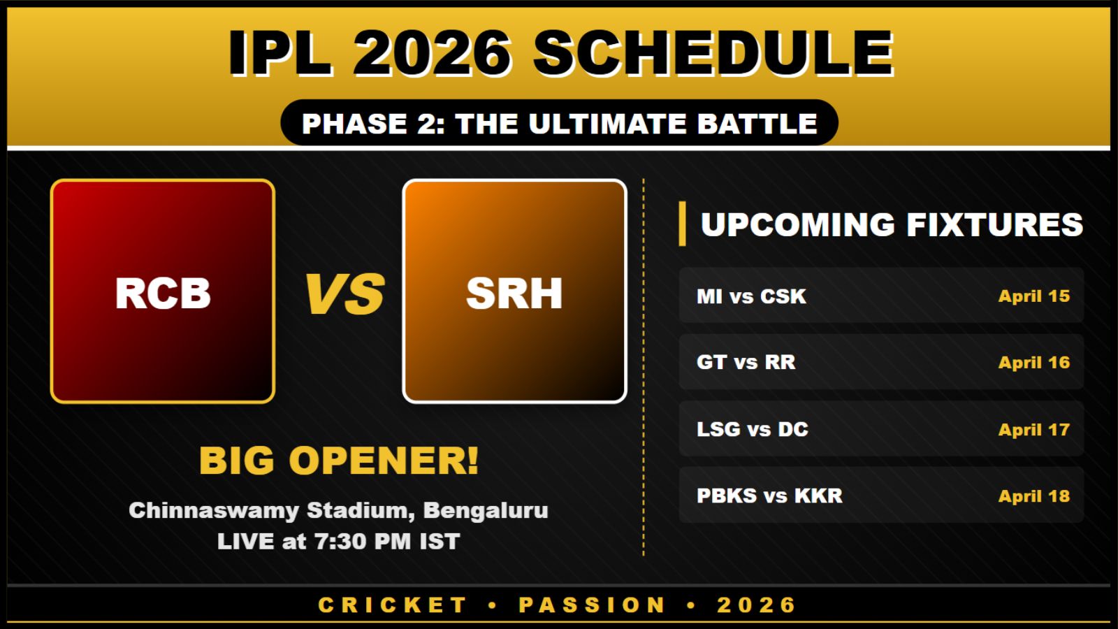 IPL 2026 का पूरा शेड्यूल Phase 2 की तारीखें जल्द RCB vs SRH ओपनर की पूरी जानकारी
